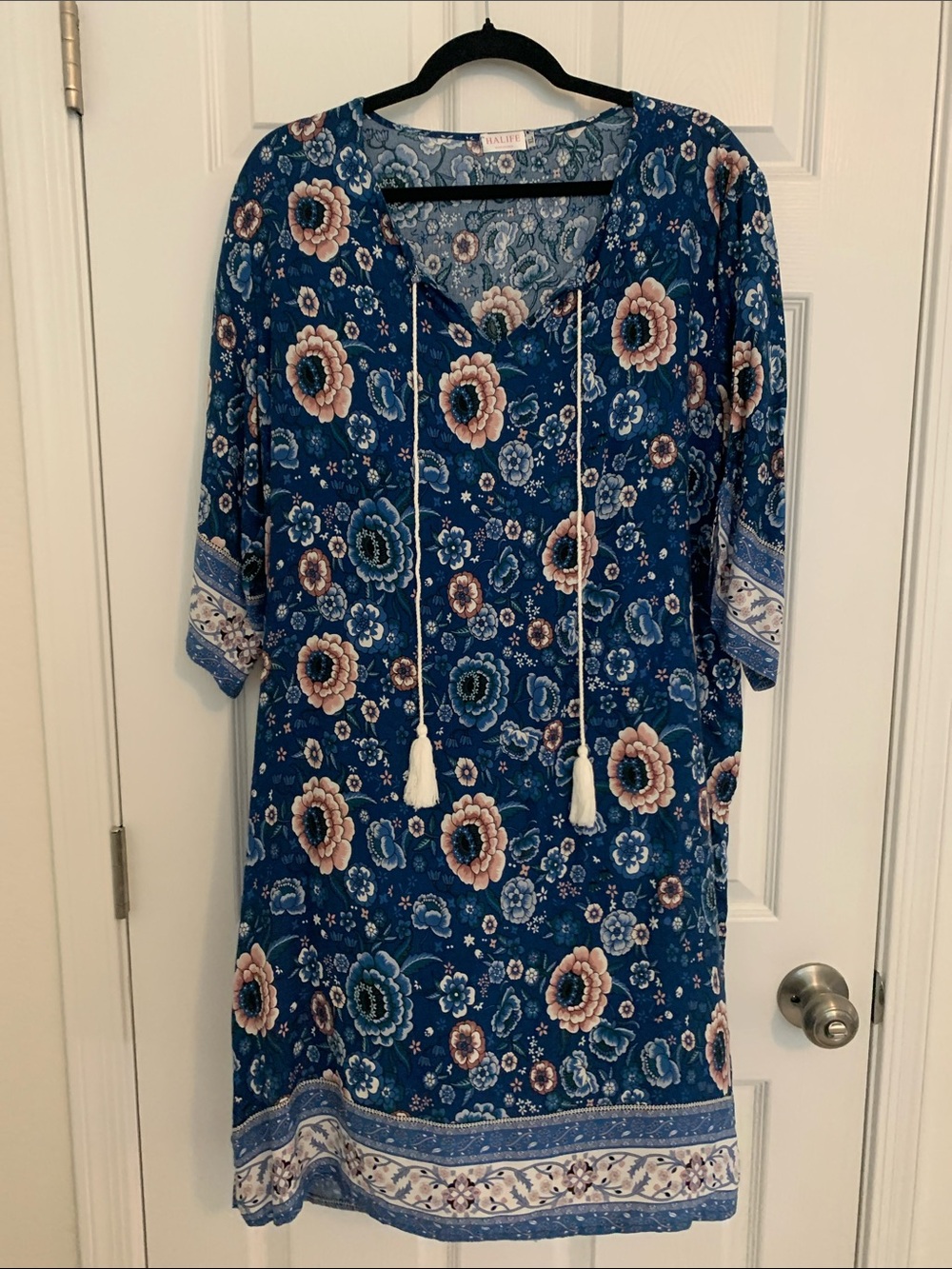 Halife Blue Boho Floral Midi Dress with Tassels
